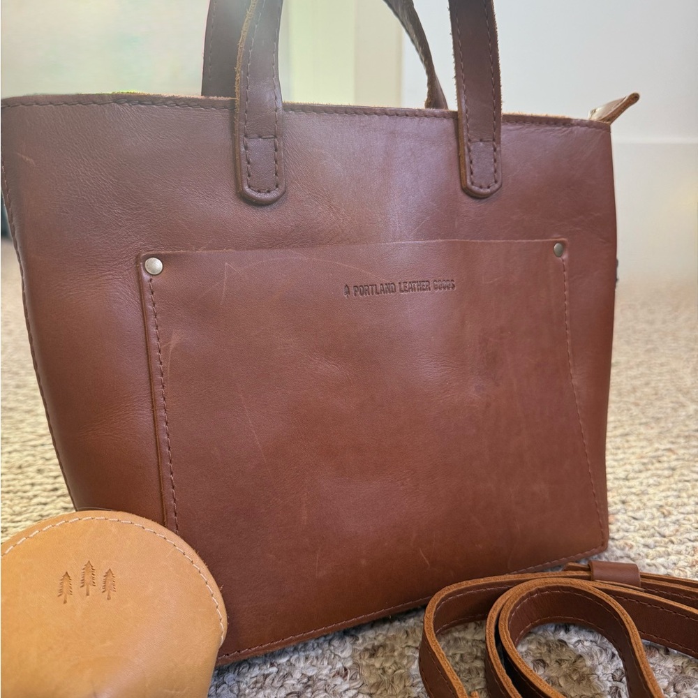 Portland Leather Mini Crossbody Tote Bag (honey) with Fortune Cookie Pouch - Picture 2 of 12